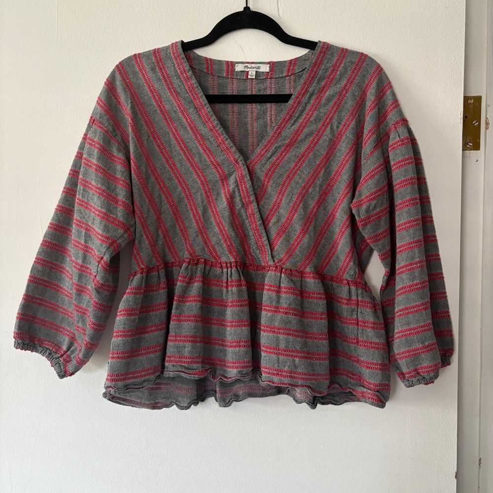 Madewell Peplum Top Womens Small Gray Red Striped V Neck Boho Cottagecore Blouse